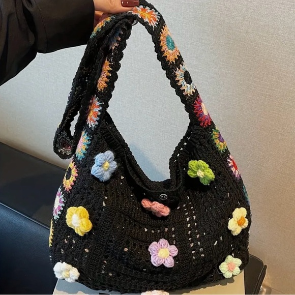 BLACK Granny Square Crochet Tote Bag with Flowers - Picture 3 of 3